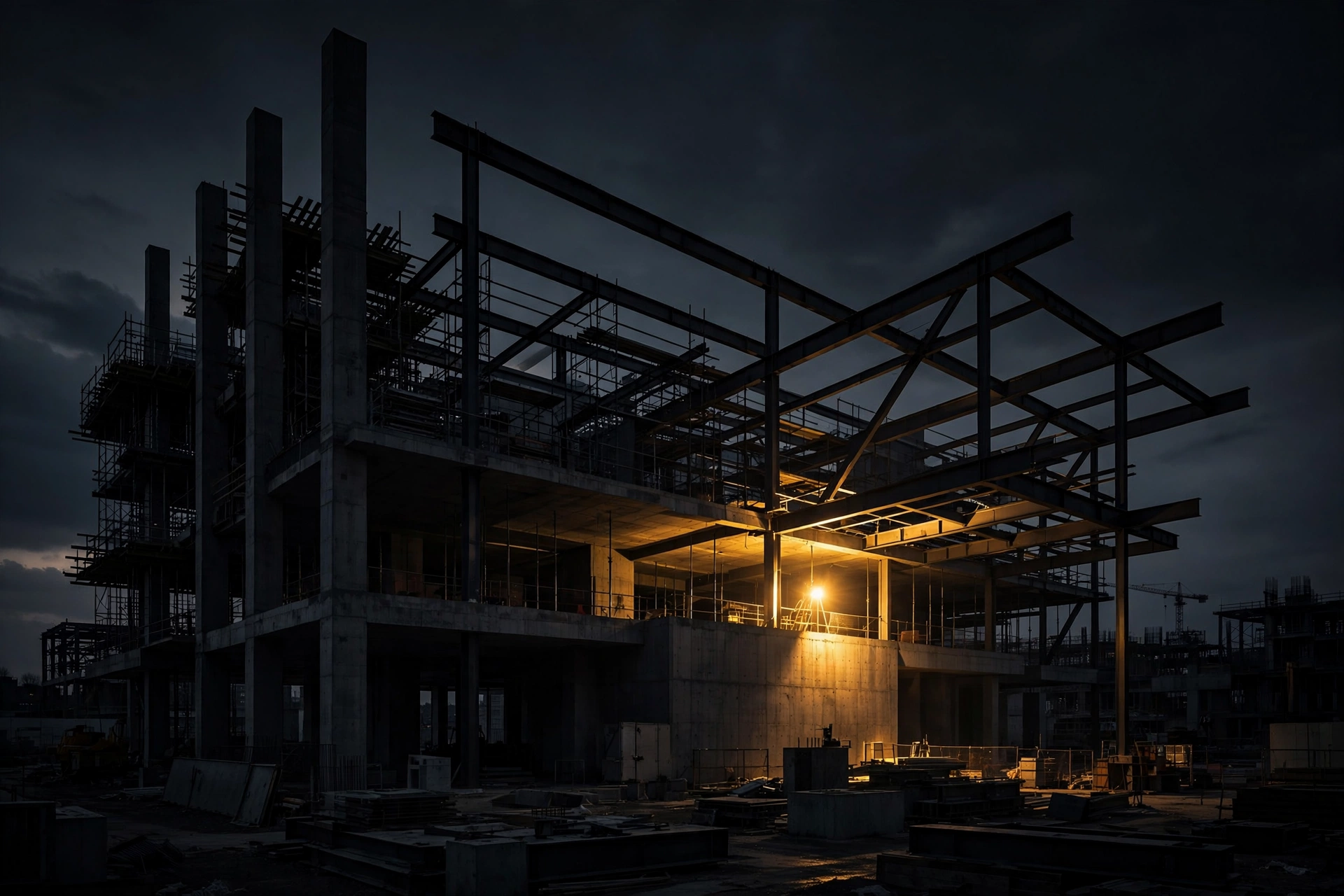 Un intérieur de construction en acier, éclairé par des lampes de chantier chaleureuses