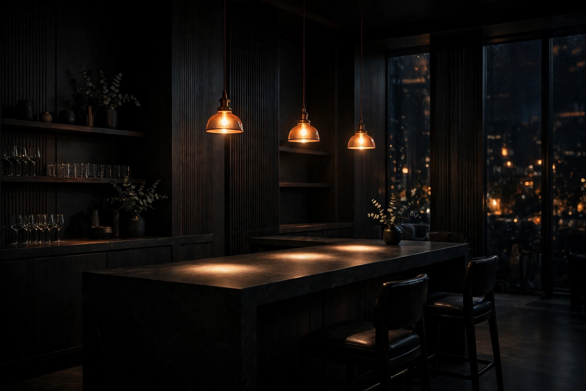 Un intérieur de restaurant chaleureux, baigné d'une lumière ambrée