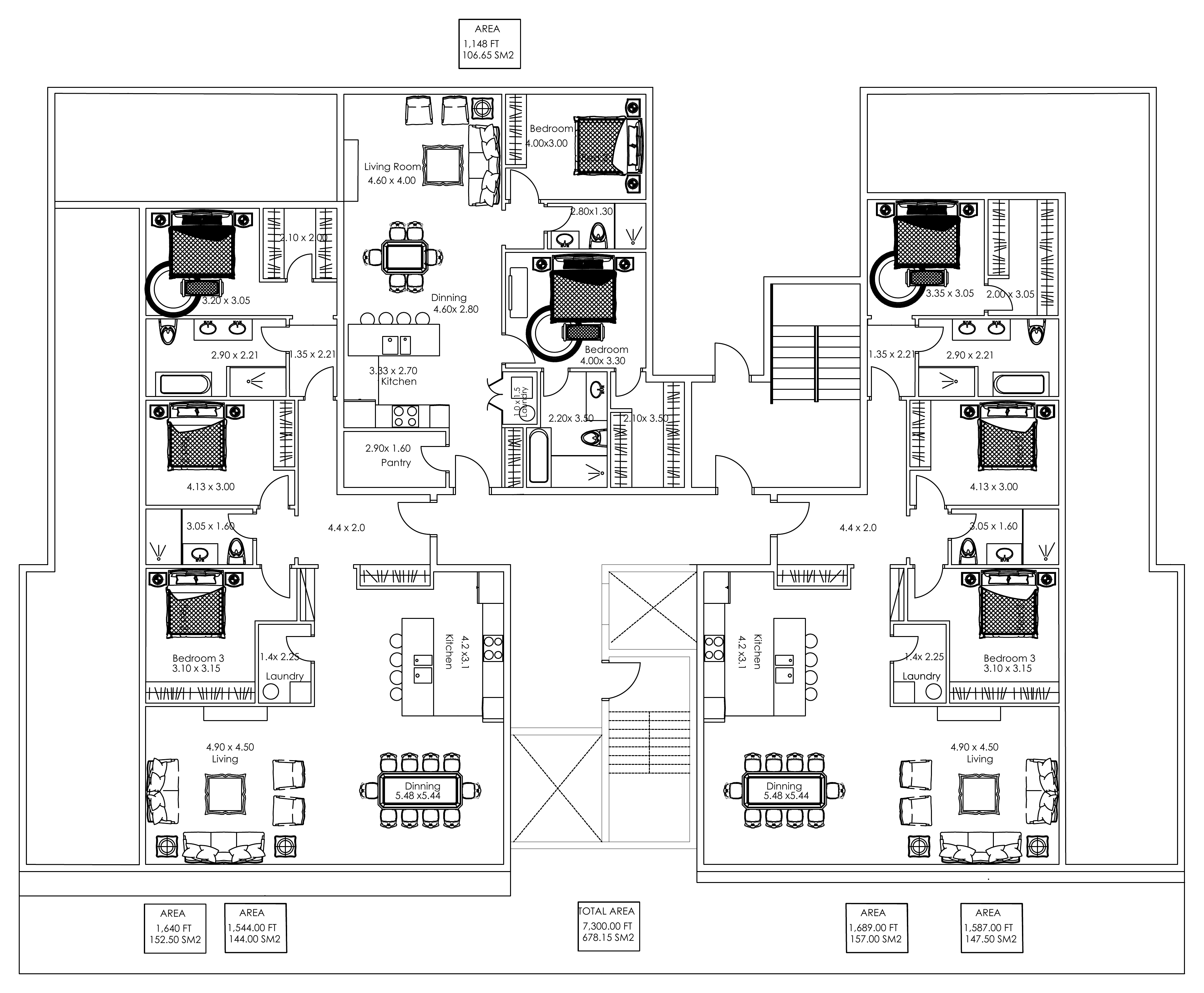 Plan d'étage résidentiel meublé du boulevard Chambery : plusieurs logements de 3 chambres avec cuisines, salons et salles à manger sur un plateau de 7 300 pi²