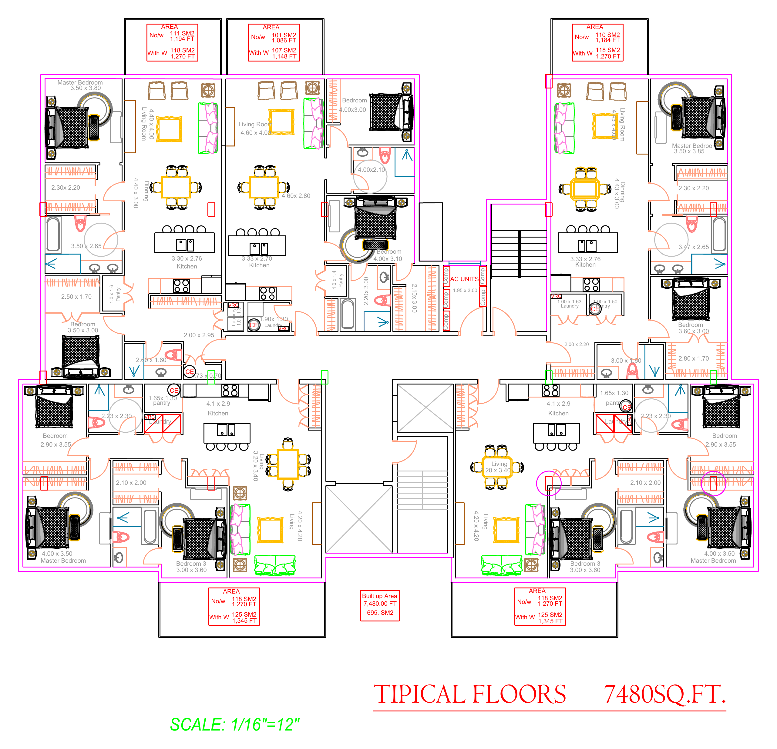 Plan d'étage type en couleur du boulevard Chambery, montrant des logements de 3 chambres meublés, en couleur, avec la superficie des logements
