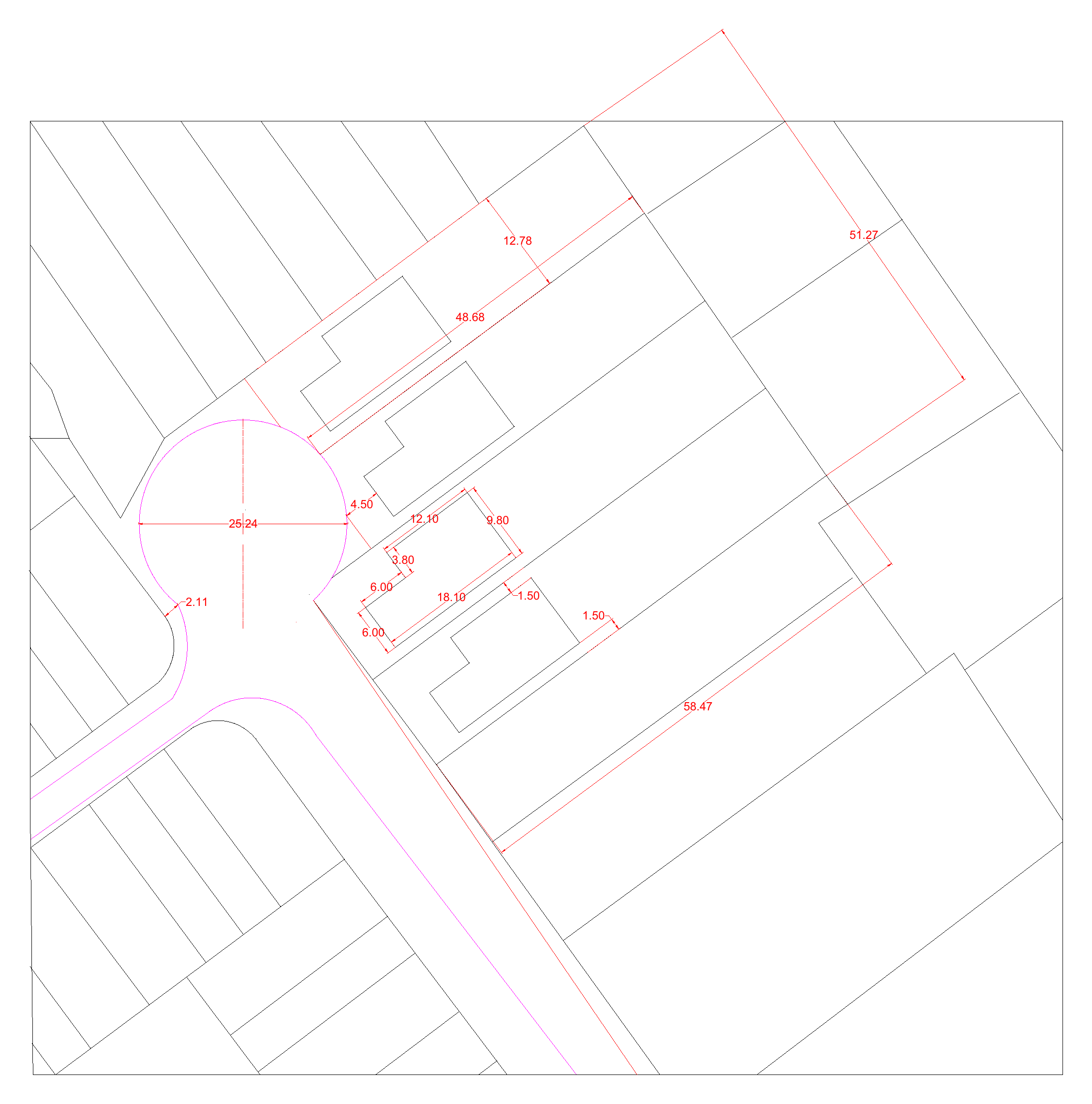 Plan d'implantation AutoCAD du développement de la rue Gerbault, montrant la disposition des terrains autour d'un rond-point, avec les empreintes des bâtiments et leurs dimensions