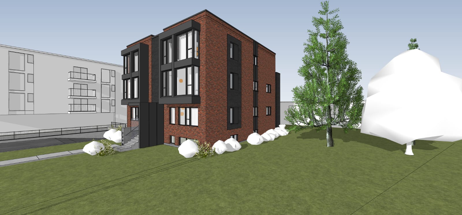Rendu architectural de la vue avant d'un développement résidentiel de brique rouge de plusieurs étages, par Takadi